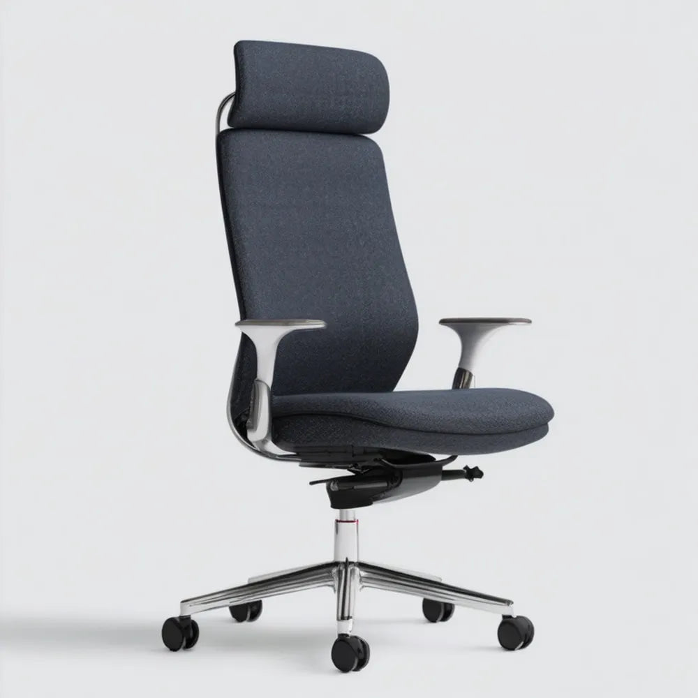 Ergonomiczne obrotowe krzesło biurowe z zagłówkiem, granatowo-czarne ze srebrnymi elementami, 65 × 65 × 120–130 cm