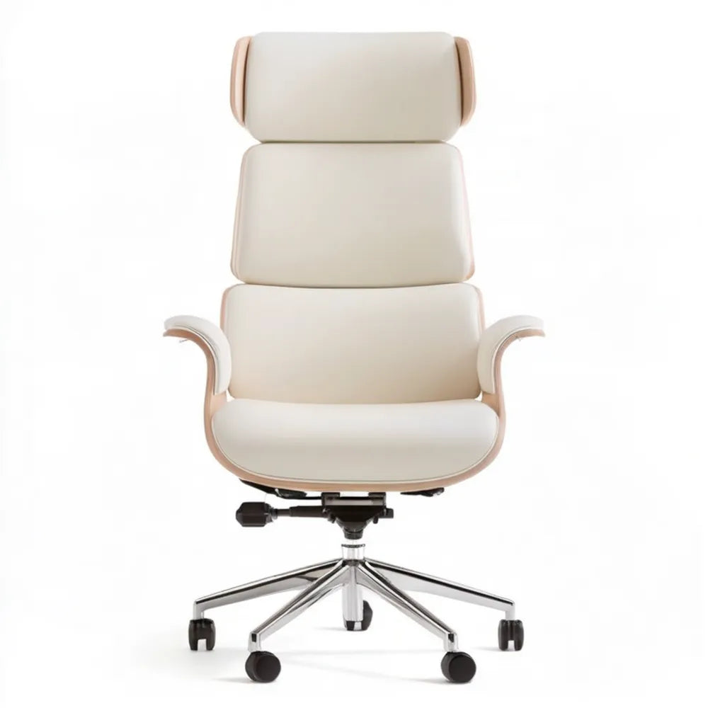Kremowy obrotowy fotel biurowy z zagłówkiem 68 x 68 x 118–128 cm